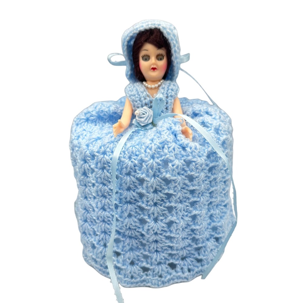 VTG Handmade Crochet Toilet Paper Roll Cover Doll Light Blue Knit Kitsch Decor